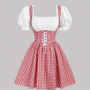 Gingham Puff Sleeve Dress with Lace-Up Front
